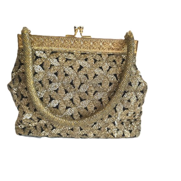 Vintage Hand Beaded Gold and Black Evening Retro Handbag with Handles - 1930s - Picture 1 of 7